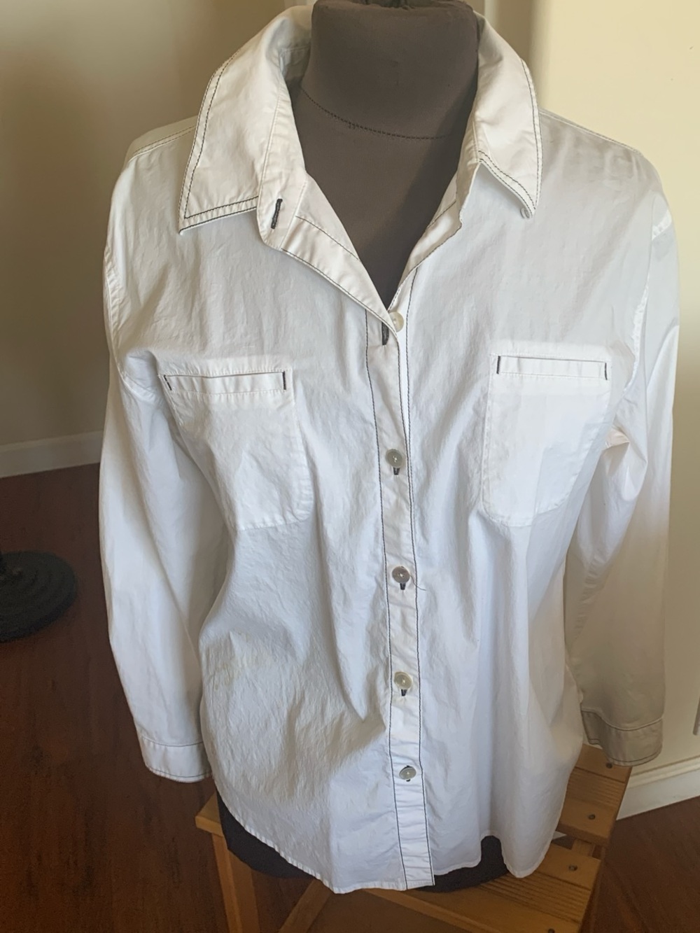 Chico’s  classic White Button-Up Shirt with black accent stitching